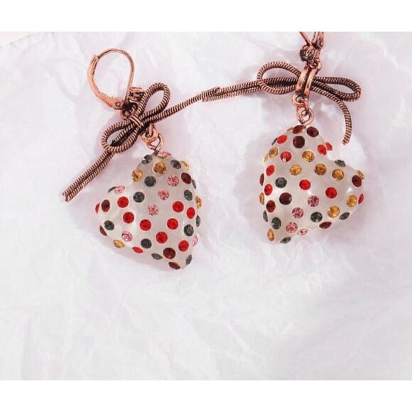 Crystal studded lucite Heart with Copper Bow Dangle Earrings NEW - Picture 2 of 4